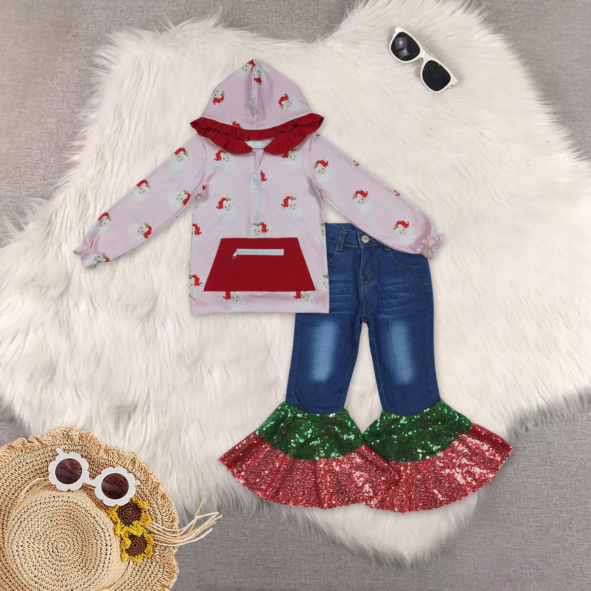 RTS NO MOQ Sibling Baby Girls hooded Long Sleeve Tops DENIM SETS and top and jeans