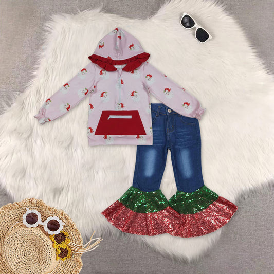 RTS NO MOQ Sibling Baby Girls hooded Long Sleeve Tops DENIM SETS and top and jeans