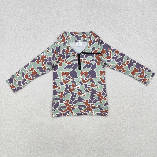 RTS NO MOQ（In Stock) Pocket camouflage brown green zipper long-sleeved top