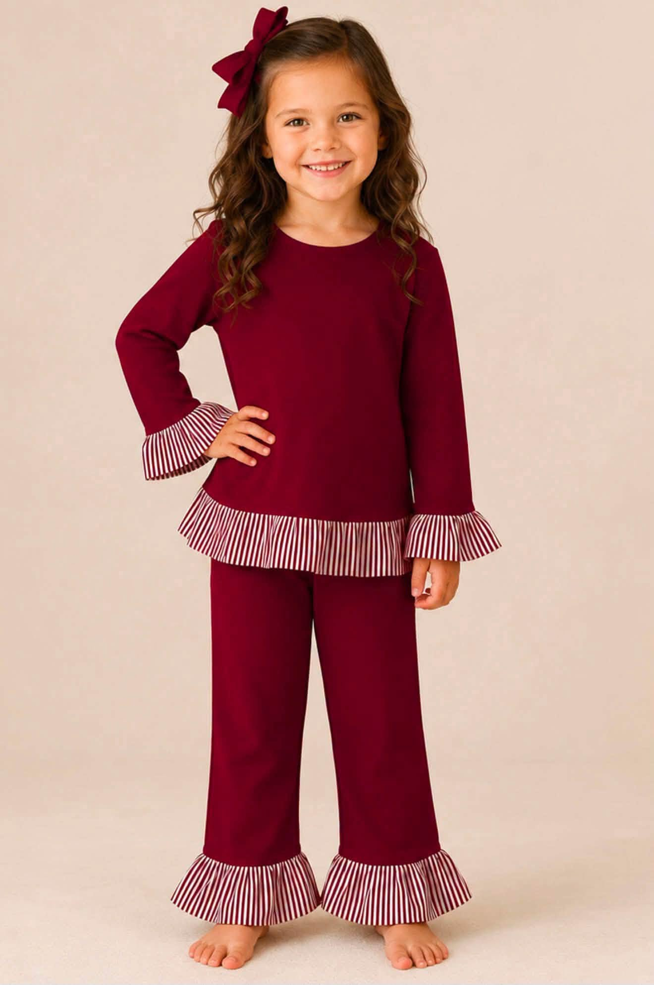 custom moq 5 mix size Cotton fabric EAROML0101 Baby Girls Long Sleeve Ruffle Trim Top Stripe Ruffle Cuff Hem Pant Pajama Set