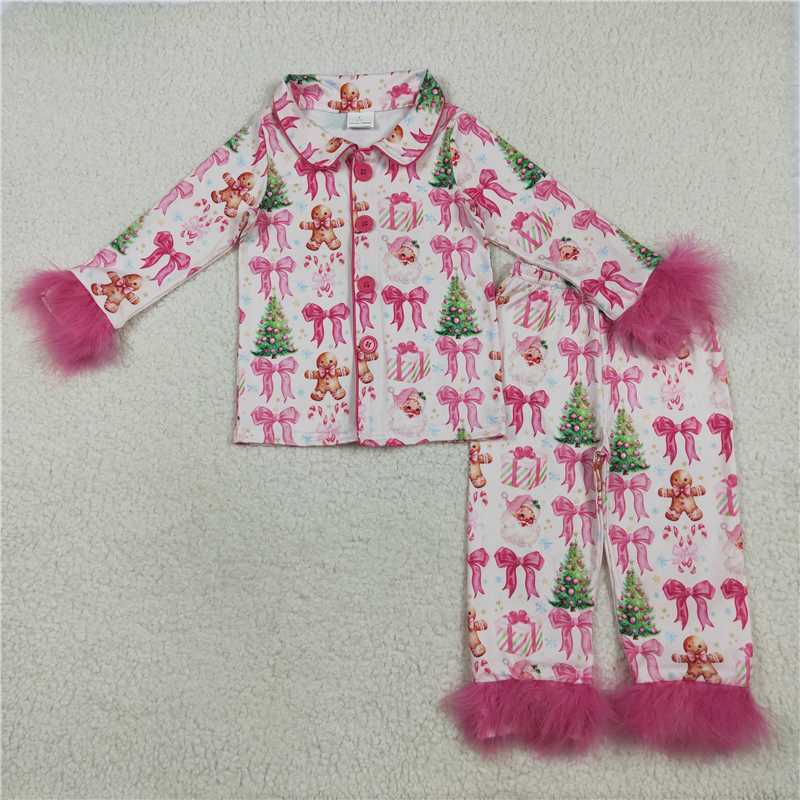 Mama and Me Pink Christmas Pajama Set - Bows Santa Trees Button Top & Fur Trim Pants