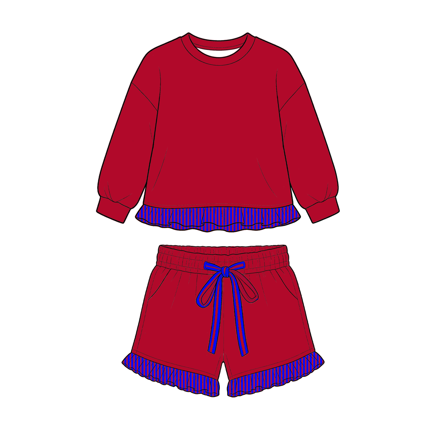 moq 3 GSLS01 Baby Girls Long Sleeve Crewneck Sweatshirt Stripe Ruffle Hem Matching Shorts With Drawstring Pockets Outfit Set
