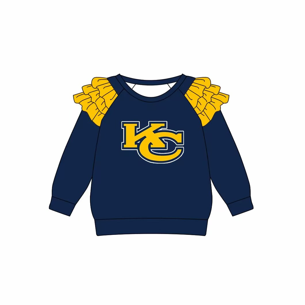 Custom moq 3 eta 6-7weeks team baby girls clothes KC dark blue long sleeve top