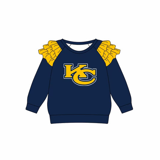 Custom moq 3 eta 6-7weeks team baby girls clothes KC dark blue long sleeve top