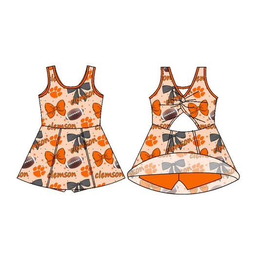 Custom moq 5 each style eta 6-7weeks baby girl clothes team bow orange sleeveless dress-25.7.23