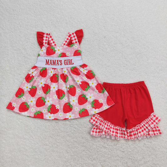 GSSO0835 mama's girl embroidered letter flower strawberry flying sleeve shorts suit
