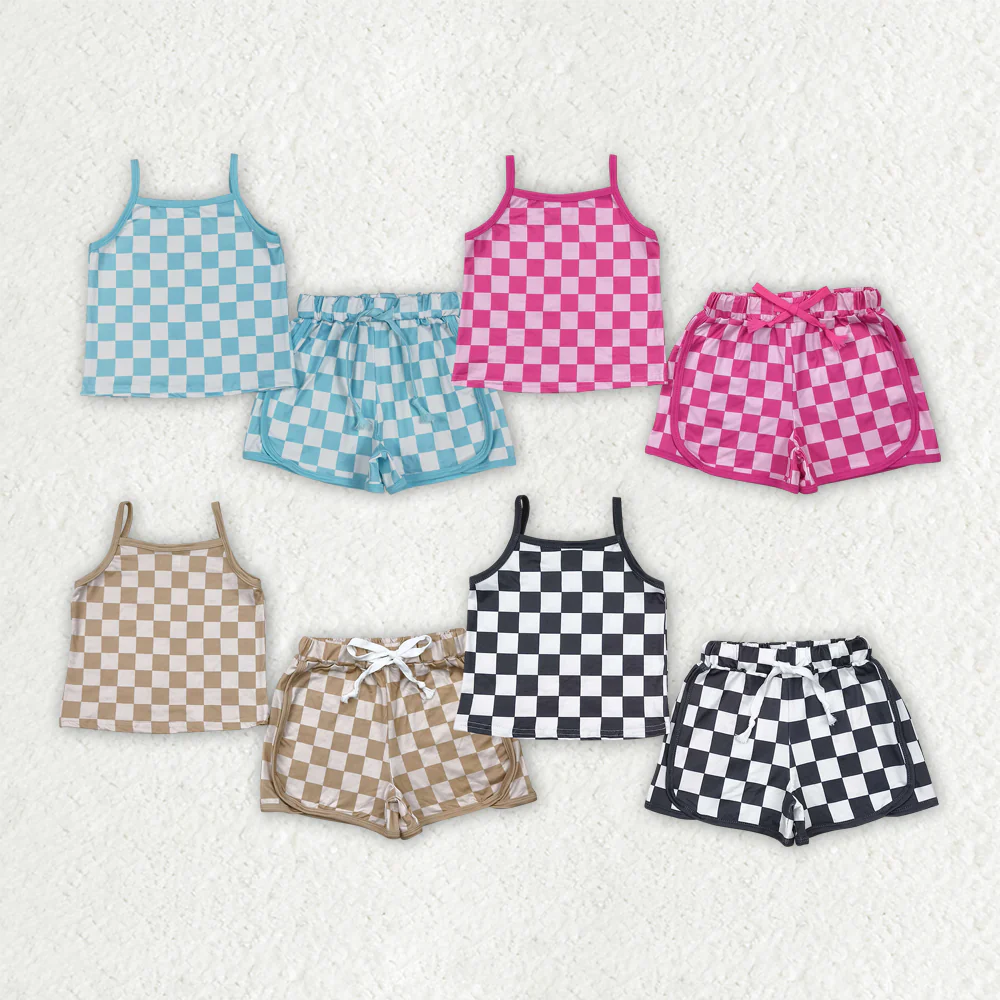 RTS Sibling baby girl clothes plaid Short Sleeve Shorts sets