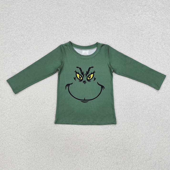 RTS NO MOQ Smiley Green Monster Pattern Dark Green Long Sleeve Top: Boys & Girls