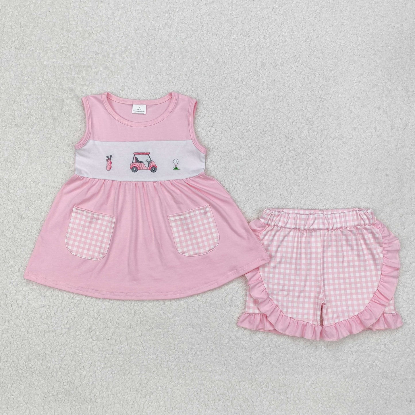 RTS NO MOQ ETA 5/7days Arrived GSSO1554 Embroidered golf cart pink plaid pocket sleeveless shorts suit