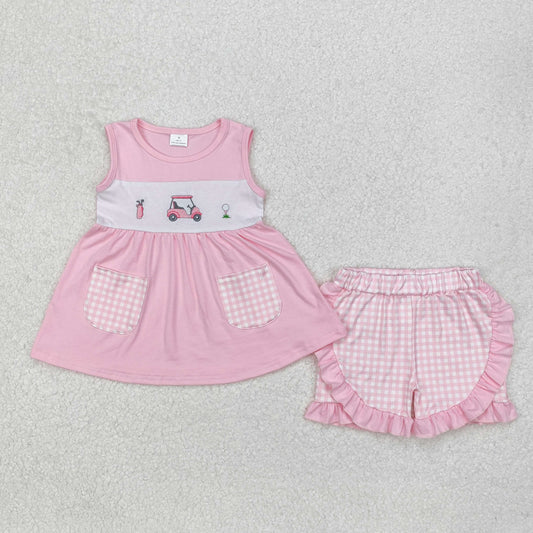 RTS NO MOQ ETA 5/7days Arrived GSSO1554 Embroidered golf cart pink plaid pocket sleeveless shorts suit