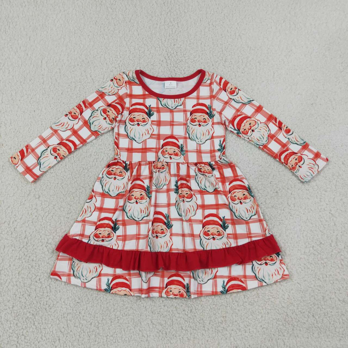 NEW RTS NO MOQ milk silk GLD1710 Baby Girls Red Plaid Santa Print Long Sleeve Ruffle Hem Knee Length Christmas Dress