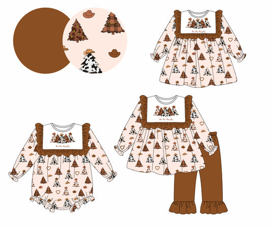 25.5.13 custom each style moq 5eta 4-6week Sibling Sisters Christmas trees baby girl long sleeve pants sets and dress and rompers match family design