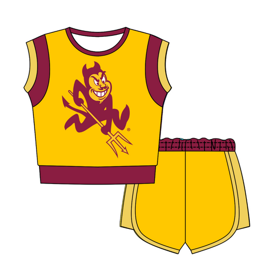 Custom moq 5 mix size milk silk summer teams Yellow Sleeveless O-Neck Top And Shorts Set Cute And Comfortable Kids' Outfit