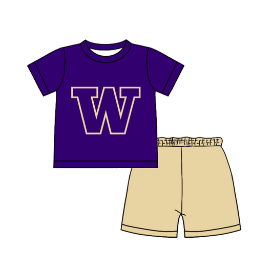 Custom moq 5 mix size milk silk summer teams Baby Boy's Purple Short-Sleeved O-Neck Top And solid color Shorts Set