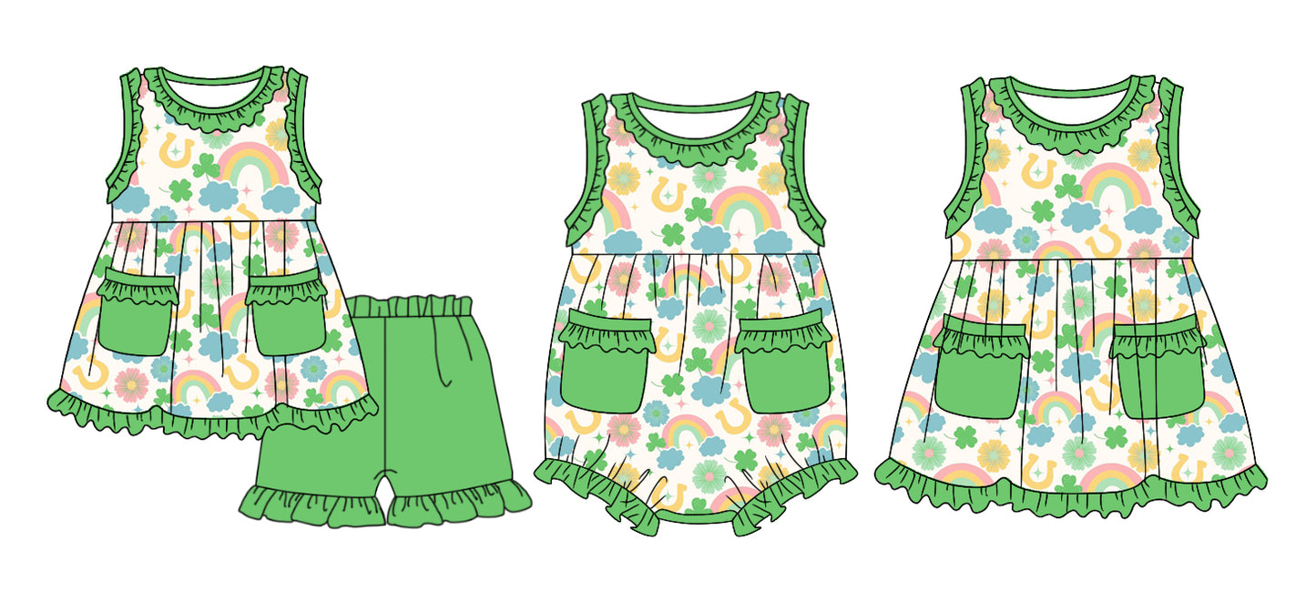 12.4 custom each style moq 5eta 4-6week Sibling Sister rainbow green baby girl short sleeve shorts sets and dress and rompers match family design