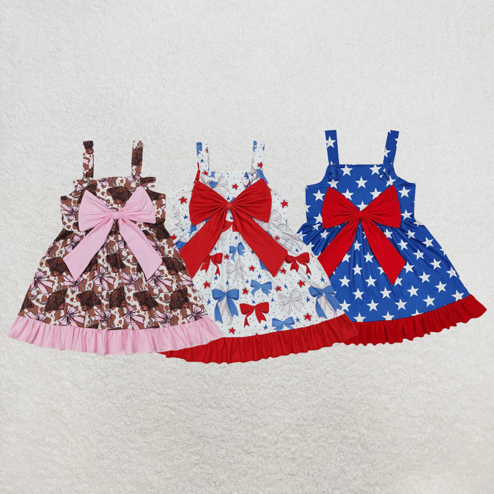 RTS NO MOQ Sibling Baby Girls Strap Bows Cows 4th of July Western Ruffle Knee Length Dresses