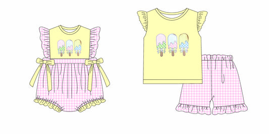 12.2 custom each style moq 5eta 4-6week Sibling Sister ice cream baby girl short sleeve shorts sets and rompers match design