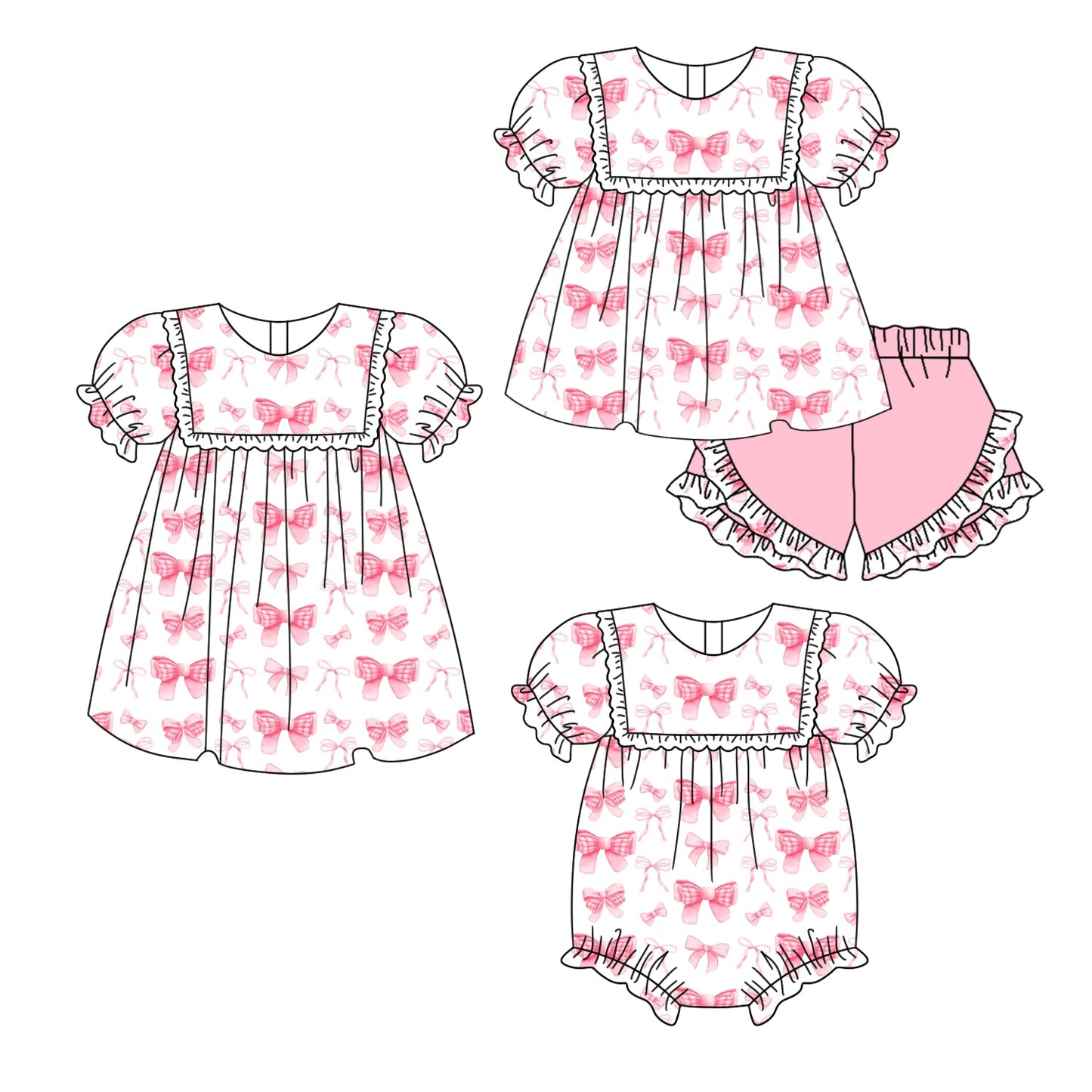11.1 custom each style moq 5eta 4-6week Sibling Sister bow pink baby girl short sleeve shorts sets and dress and rompers match family design