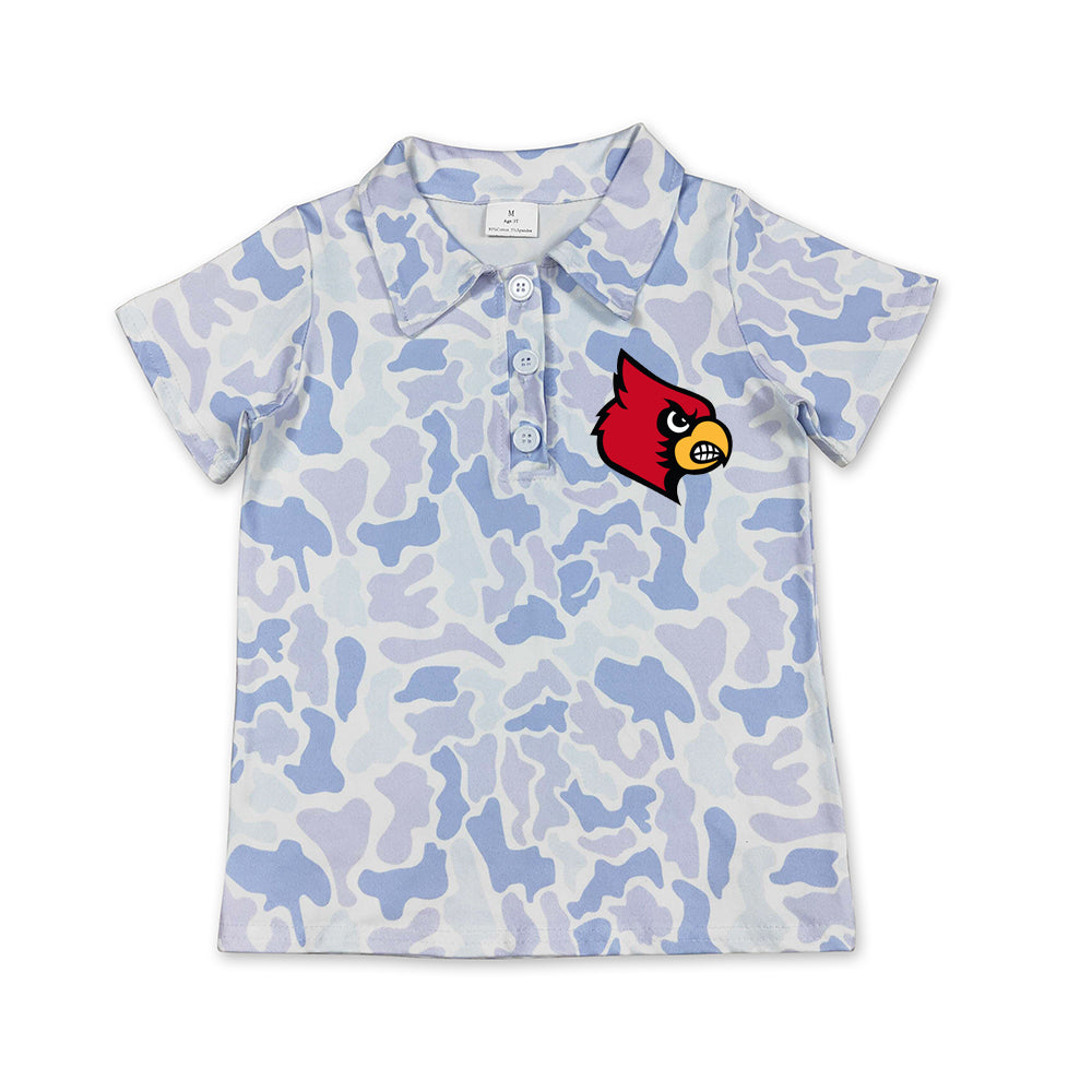 Custom moq 5 mix size milk silk summer teams Infant Boys Light Blue Camo Short Sleeve Button Polo Top