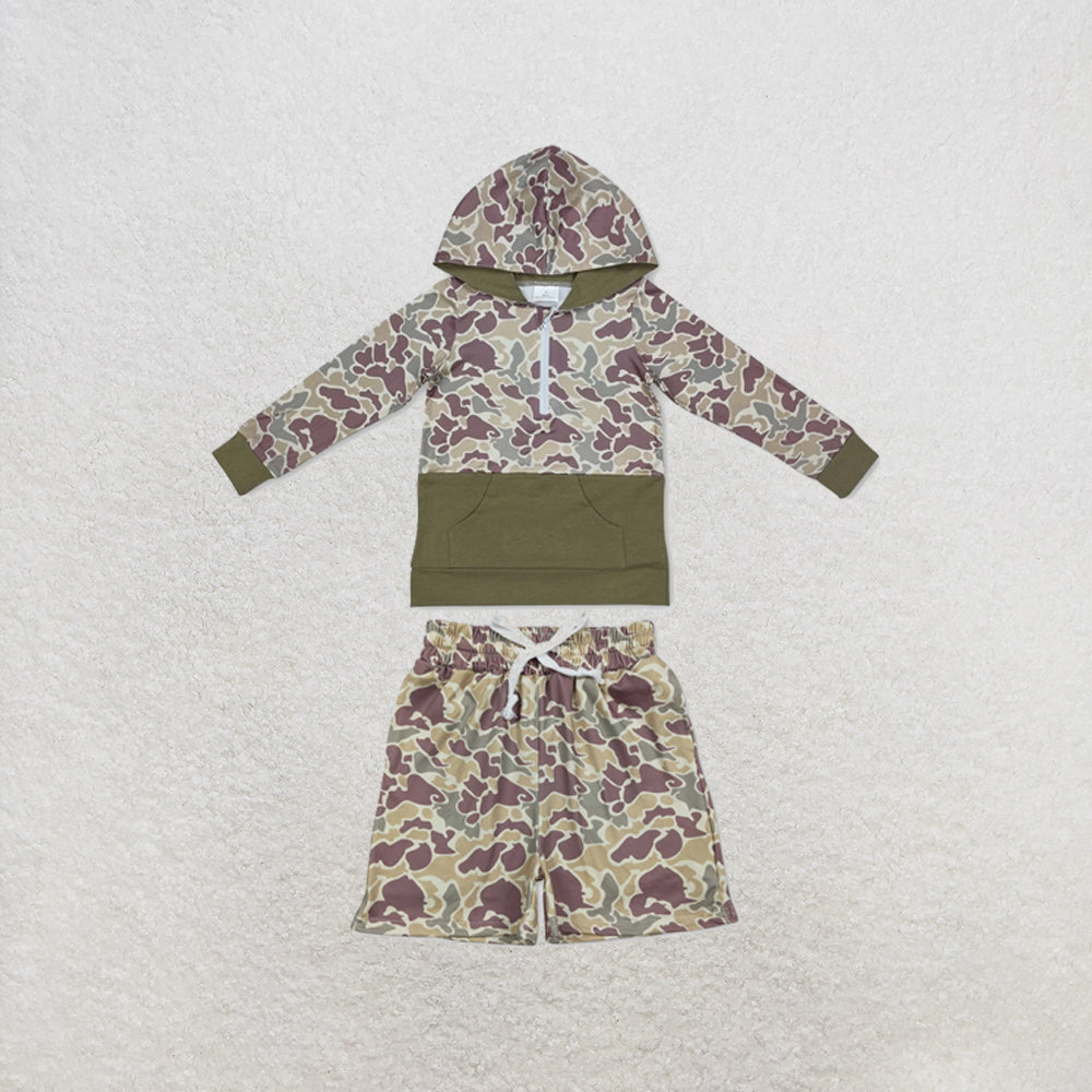 RTS NO MOQ Sibling milk silk BT0913+SS0696 Baby Boys Green Camouflage Hooded Zip Pullovers Tops Camo Pocket Shorts Clothes Set