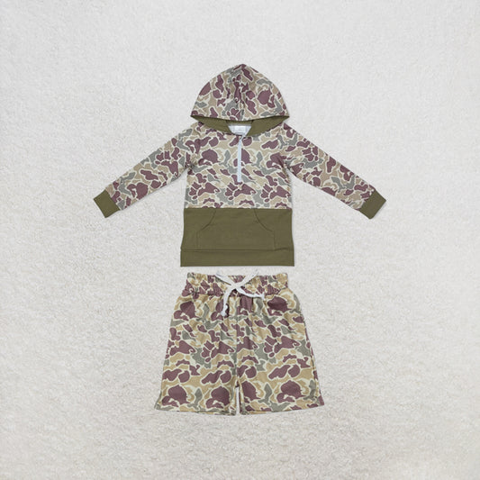 RTS NO MOQ Sibling milk silk BT0913+SS0696 Baby Boys Green Camouflage Hooded Zip Pullovers Tops Camo Pocket Shorts Clothes Set