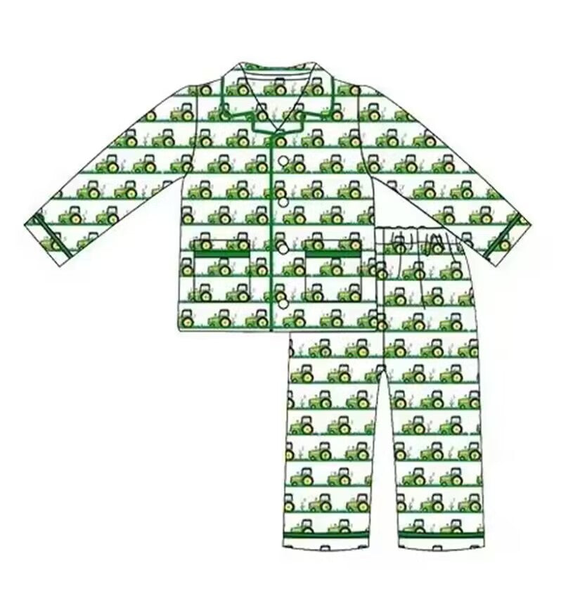 5.16custom each style moq 5eta 4-5week Sibling Sister Agricultural vehicles print green boys and girls outfits and baby romper match family design