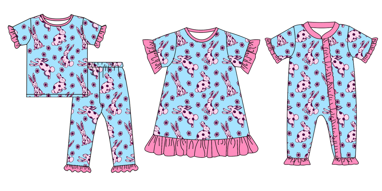 11.26 custom each style moq 5eta 4-6week Sibling Sister easter bunny floral baby girl sets and dress and rompers match family design