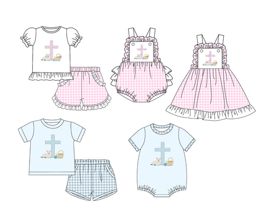 11.6 custom each style moq 5eta 4-6week Sibling Sister easter baby girl short sleeve shorts sets and sets 2 and girls romper and boy romper and dress match design