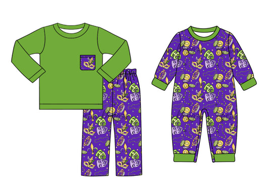 25.9.9 custom each style moq 5eta 4-6week Sibling Sisters mardi gras purple baby girl clothes long sleeve pants sets and romper match family design