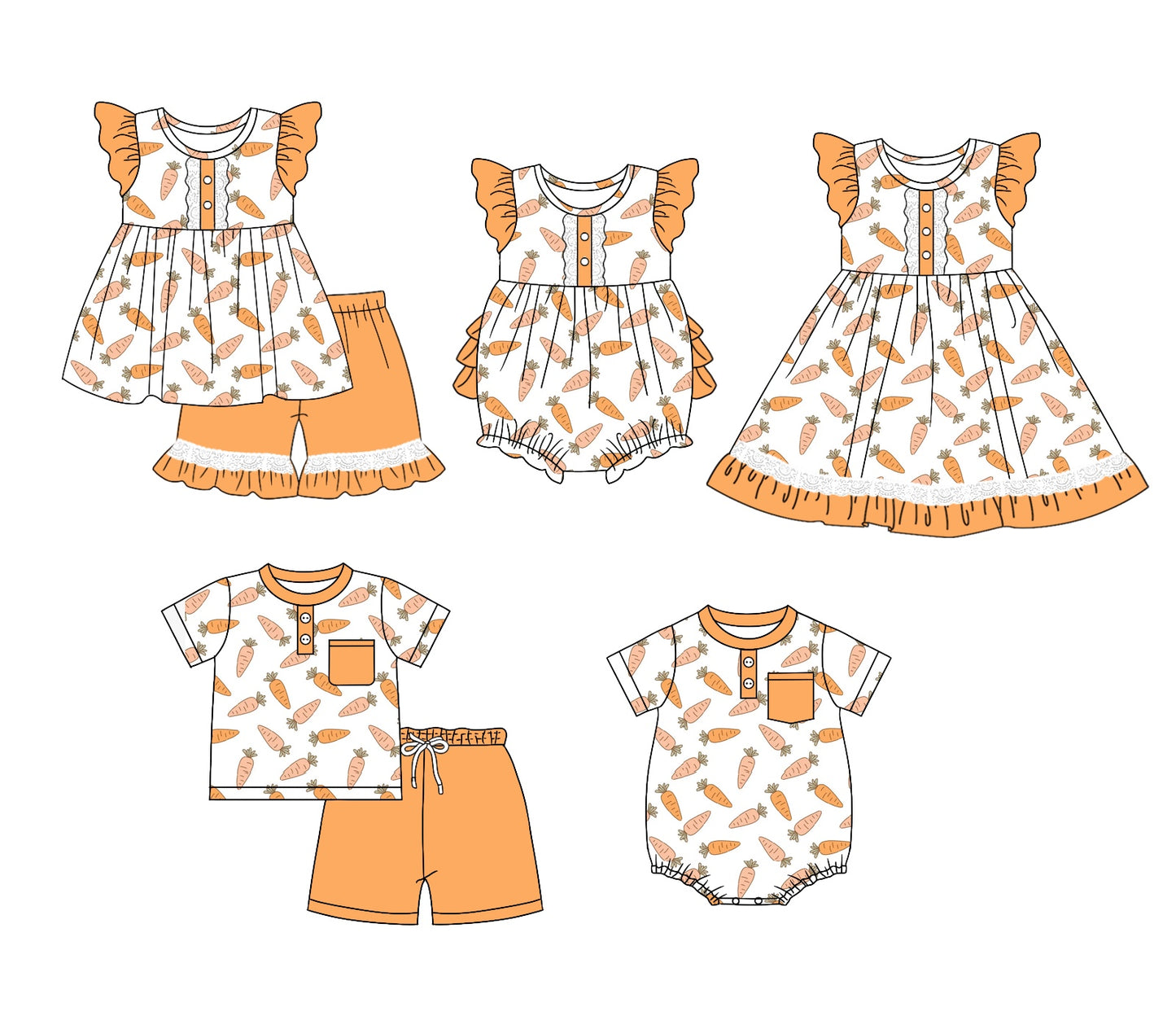 11.3 custom each style moq 5eta 4-6week Sibling Sister easter orange baby girl short sleeve shorts sets and briefs sets 2 and girls romper and boy romper and dress match design