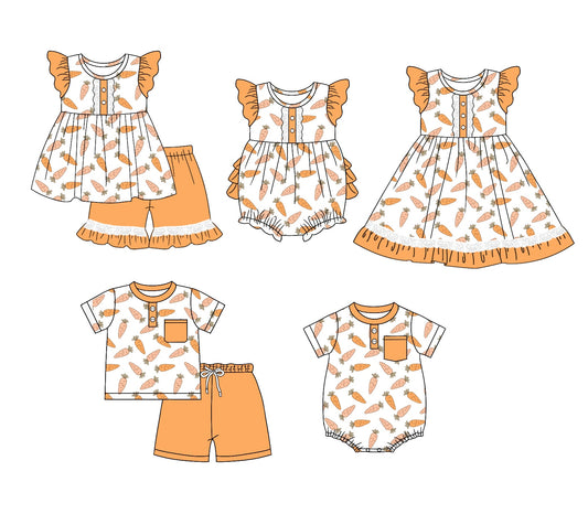 11.3 custom each style moq 5eta 4-6week Sibling Sister easter orange baby girl short sleeve shorts sets and briefs sets 2 and girls romper and boy romper and dress match design