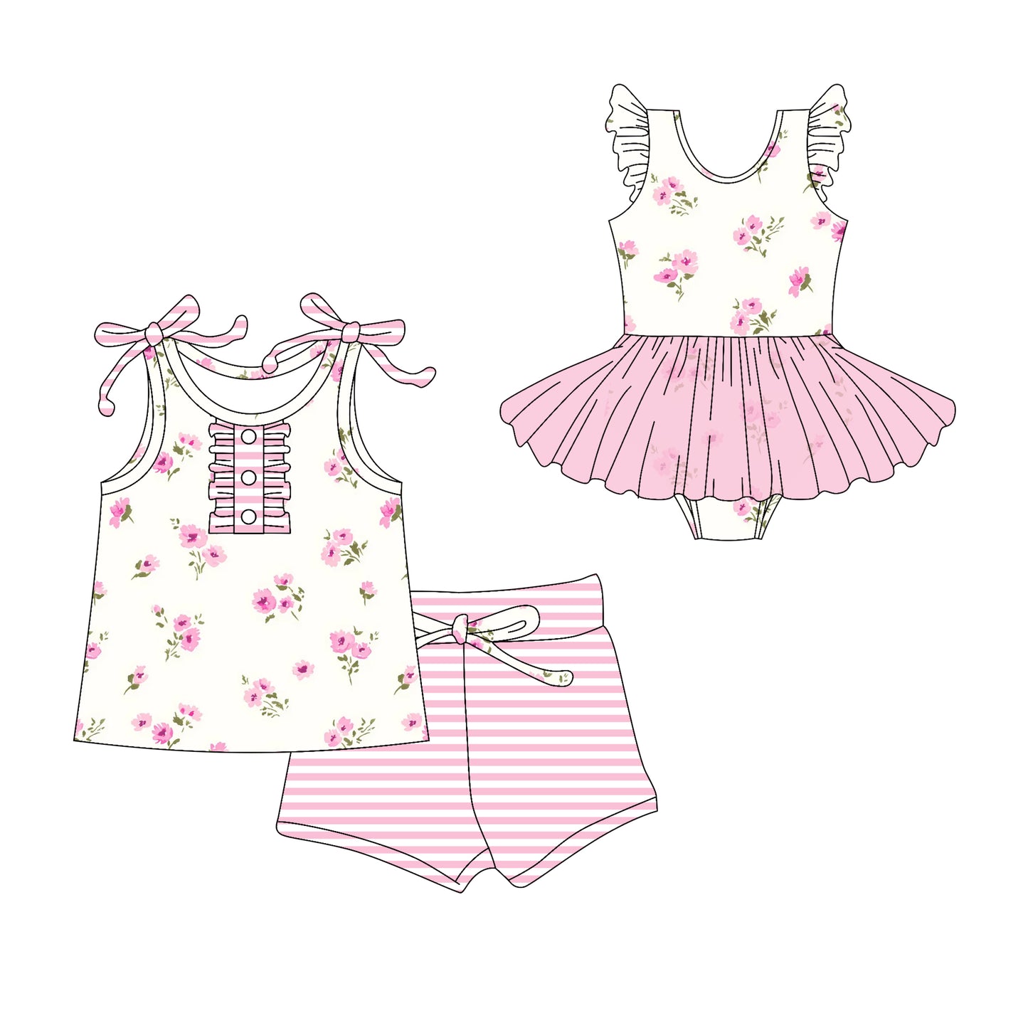 3.1 custom each style moq 5eta 4-6week Sibling Sister floral baby girl short sleeve shorts sets and romper match design