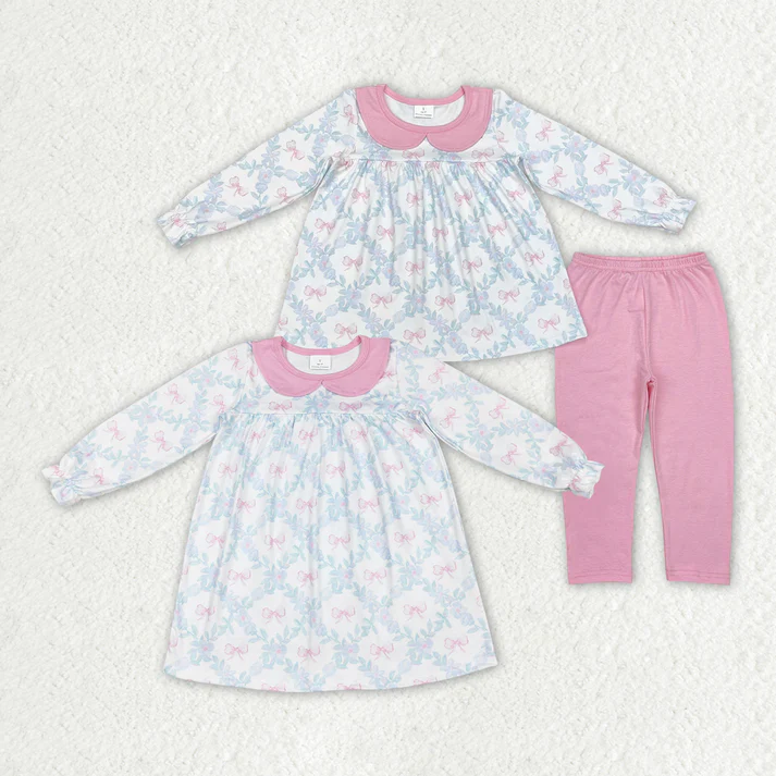 RTS NO MOQ Blue leaf diamond shape pink bow baby collar long sleeve suit & dress