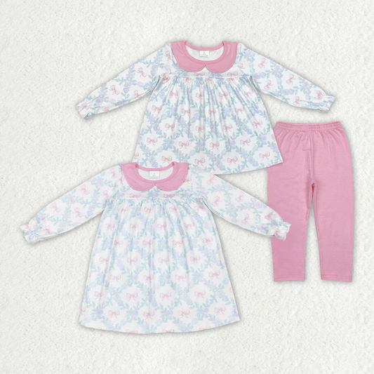 RTS NO MOQ Blue leaf diamond shape pink bow baby collar long sleeve suit & dress