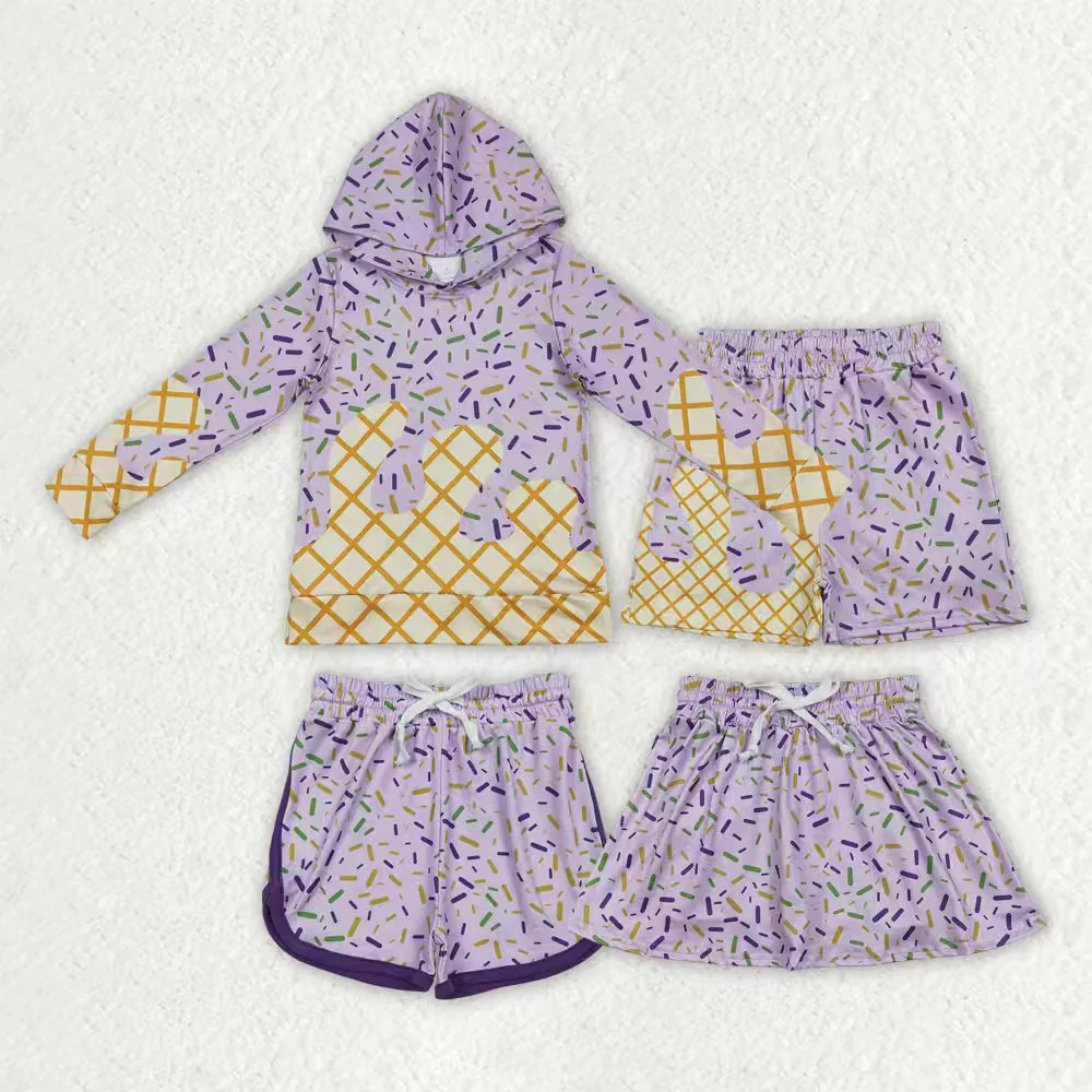 RTS NO MOQ Sibling baby girl clothes ice cream hooded Short-Sleeve Tops and skirts and shorts