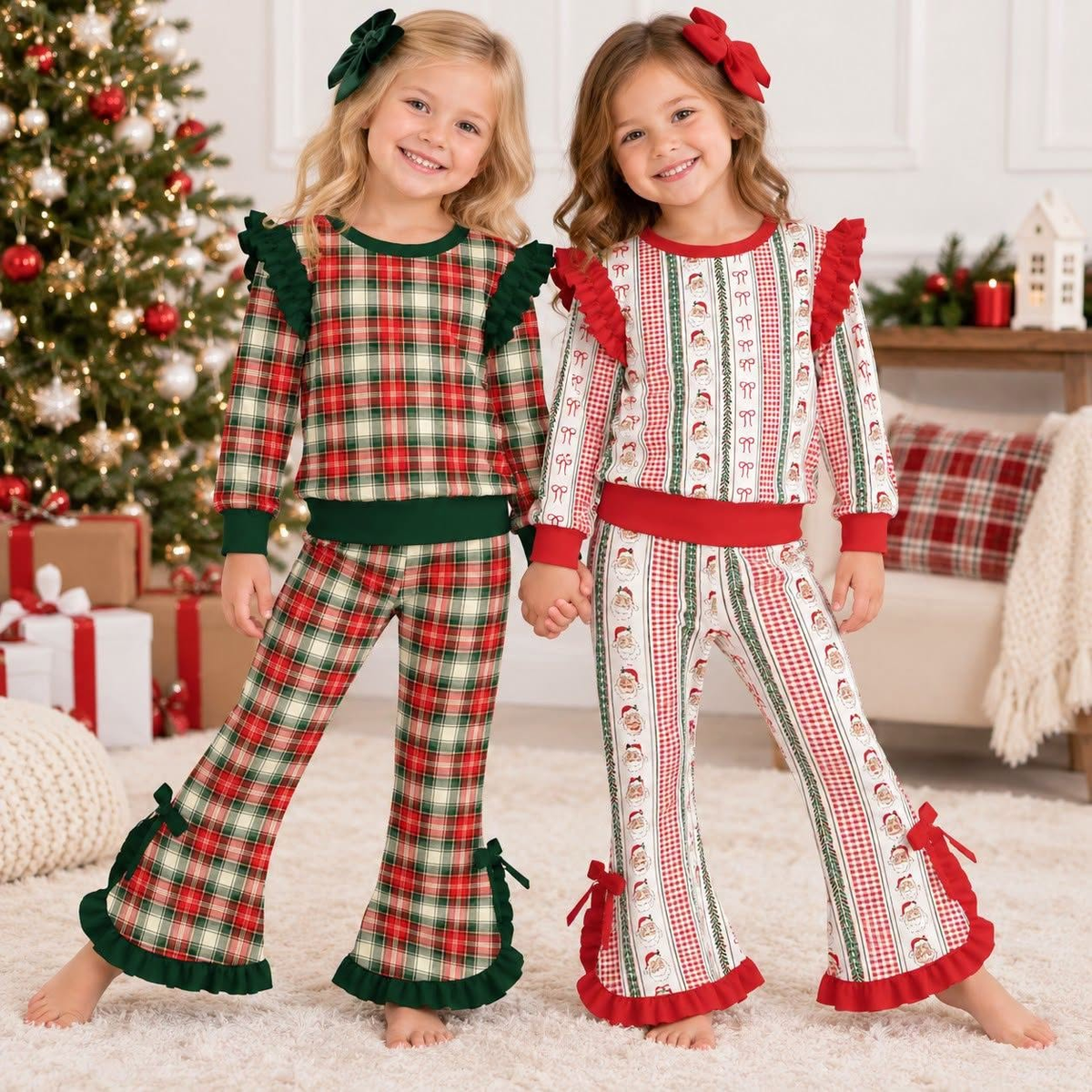 (Preorder new) No moq Toddler Girls Christmas Plaid Santa Print Ruffle Long Sleeve Flare Pant Sets