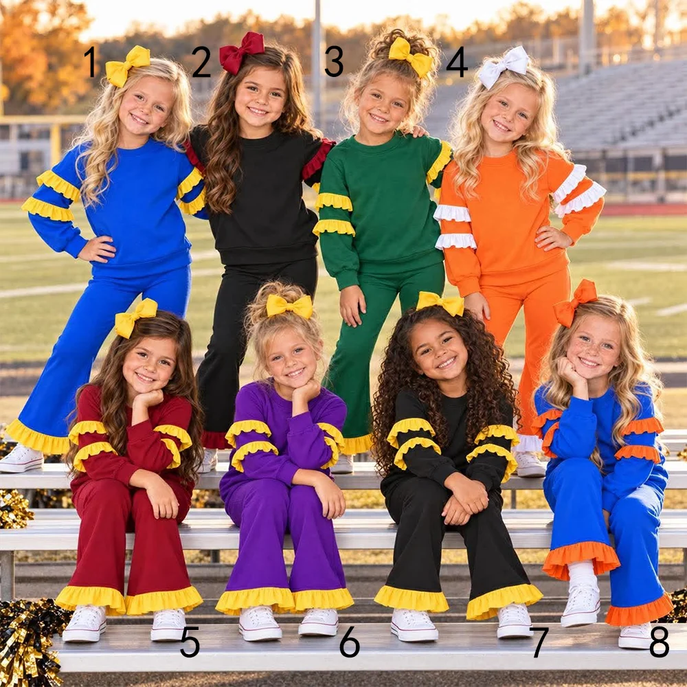 (Preorder new) No moq Baby Girls Solid Color Long Sleeve Top Double Ruffle Sleeve And Hem Bell Bottom Pants Set