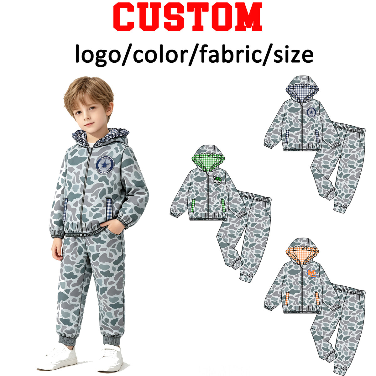 custom moq 5 mix size TYLA0102 Baby Boys Camo Zip Up Hooded Jacket Jogger Pants Team Set