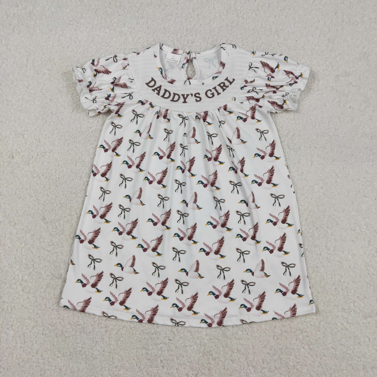RTS NO MOQ（In Stock ) Embroidered Daddy's Girl Bow Pattern Duck Short-Sleeved Dress