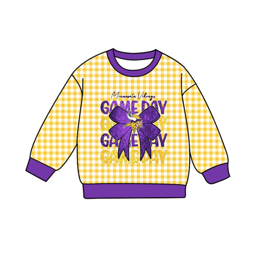 Custom moq 8 mix size milk silk summer team baby boys clothes GAME DAY plaid bow yellow and purple long sleeve top-25.9.23