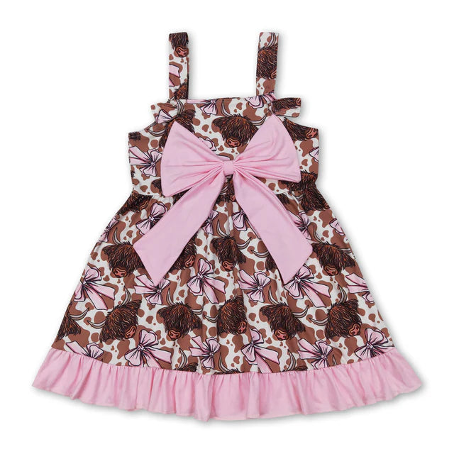 RTS NO MOQ Sibling Baby Girls Strap Bows Cows 4th of July Western Ruffle Knee Length Dresses