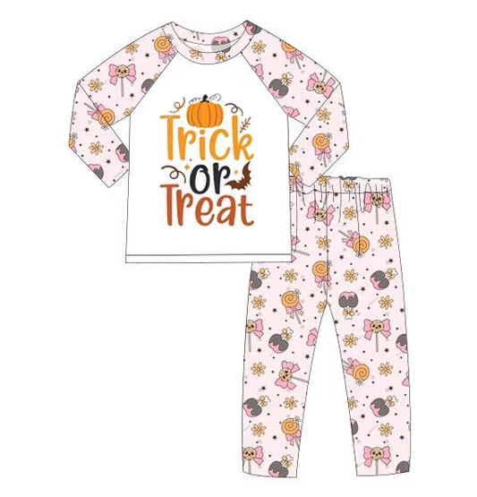 Custom moq 5 mix size milk silk summer teams baby girl clothes halloween Trick or Treat long sleeve pants sets-25.8.7