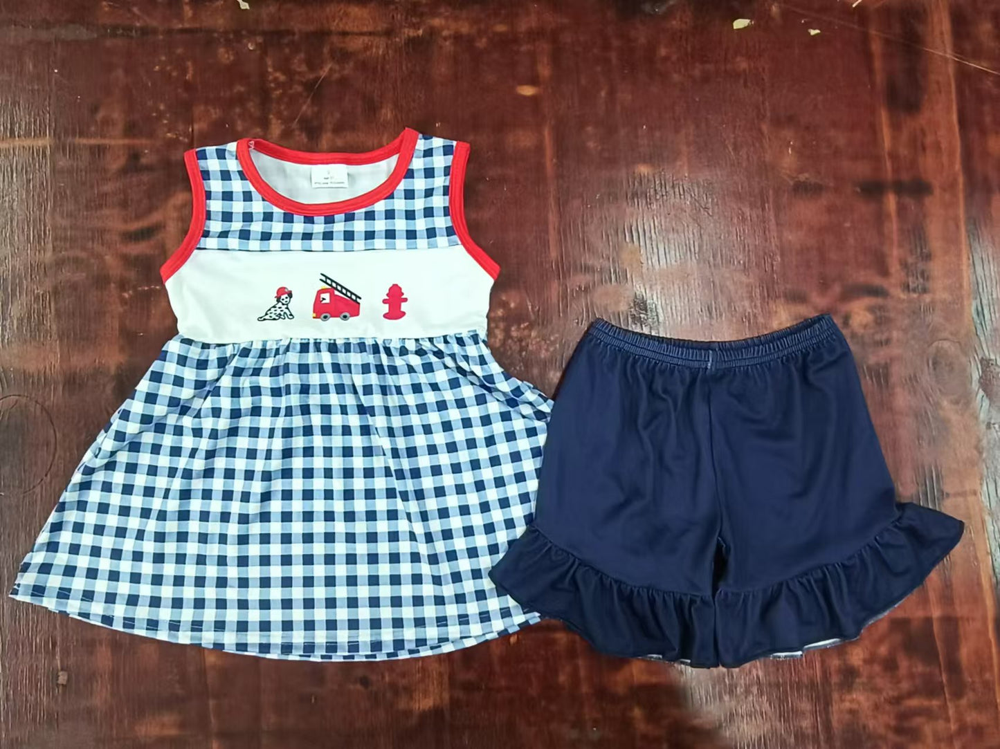 Custom moq 3 eta 6-7weeks Blue Plaid Sleeveless Top - Dark Blue Shorts Set