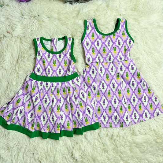 RTS NO MOQ Sibling baby Girls clothes mardi gras yoga sleeveless dresses