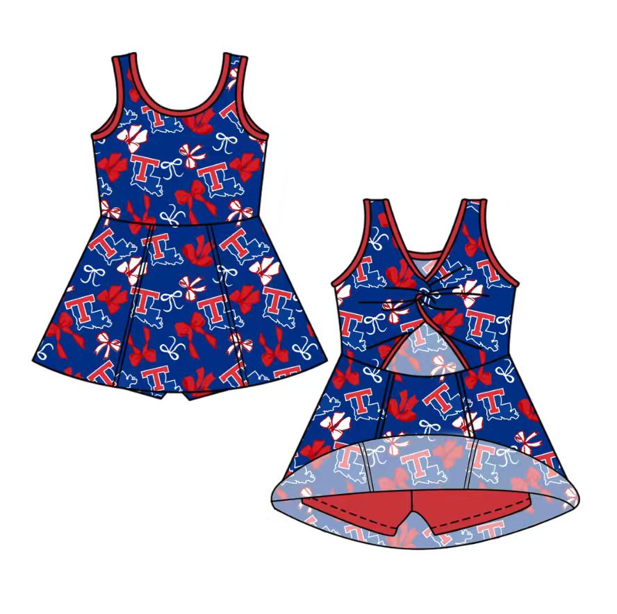 custom moq 5 mix size NB020624 Baby Girls Bow Print Team Yoga Active Sleeveless Shorts Knee Length Dresses