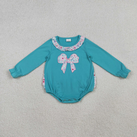 RTS NO MOQ（In Stock) LR2432 Blue Long-Sleeved Bodysuit with Embroidered Floral Lace Bow Pattern