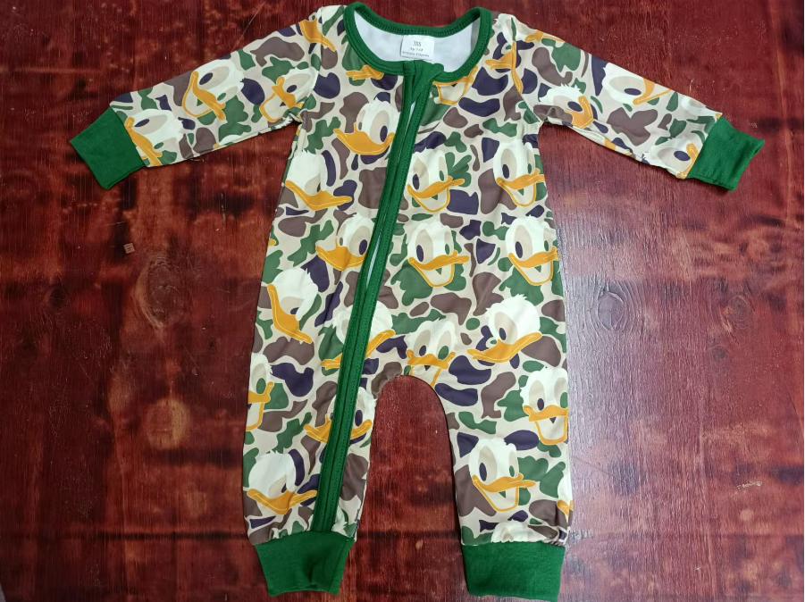 Custom moq 3 eta 6-7weeks Green-Brown-Grey Camouflage Duck Long Zip-Up Romper