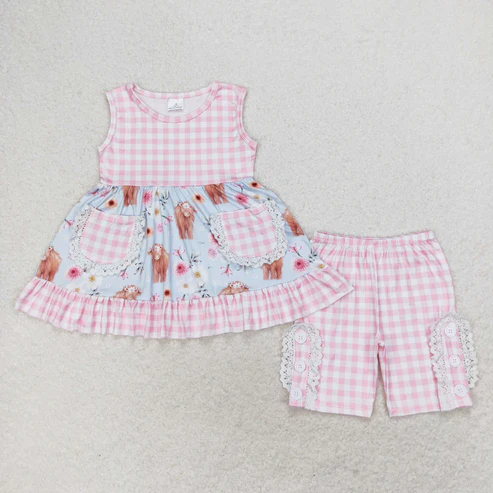 RTS NO MOQ Baby Girls Highland Cow Western Sibling Clothes Sets Western Bullhead