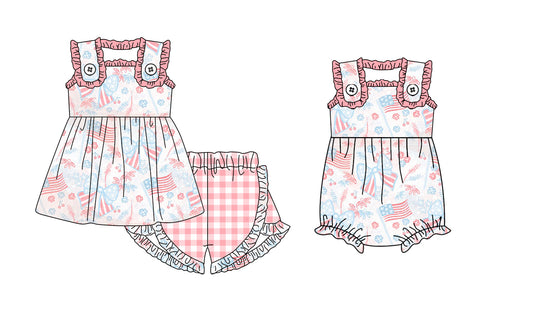 2.10 custom each style moq 5eta 4-6week Sibling Sister flag baby girls short sleeve shorts sets and romper match design