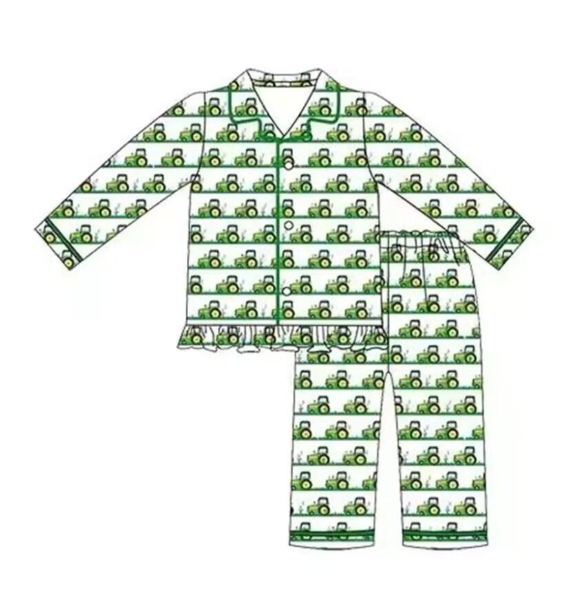 5.16custom each style moq 5eta 4-5week Sibling Sister Agricultural vehicles print green boys and girls outfits and baby romper match family design
